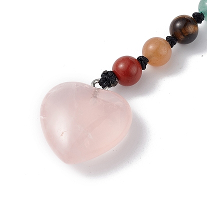 7 Chakra Gemstone Beads Keychain, Heart Charm Keychain for Women Men Hanging Car Bag Charms