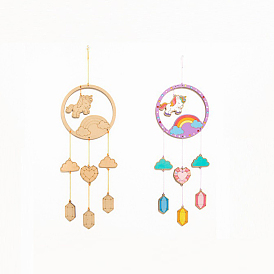 DIY Unicorn Wind Chime Making Kits, Including 1Pc Wood Plates, 1 Card Cotton Thread and 1Pc Plastic Knitting Needles, for Children Painting Craft