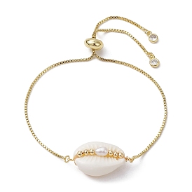 Pulsera deslizante con eslabones de perlas y conchas naturales, Pulsera ajustable con cadenas de caja de latón dorado para mujer.