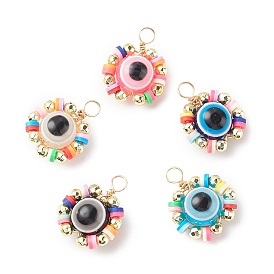 Copper Wire Wrapped Evil Eye Plastic Pendants, with Polymer Clay and Electroplate Non-magnetic Synthetic Hematite Beads