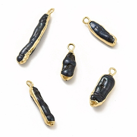 Baroque Natural Keshi Pearl Pendants, Nuggets Charms, with Brass Loops, Black