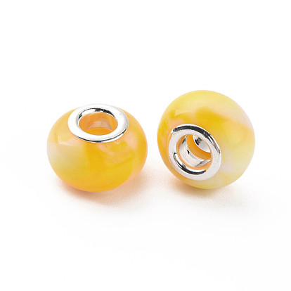 Perles européennes en résine opaque, Perles avec un grand trou   , style de pierres fines imitation, laiton avec ton argent noyaux doubles, rondelle