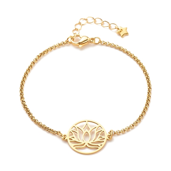 201 bracelet à maillons de lotus en acier inoxydable avec 304 chaînes en acier inoxydable pour femmes