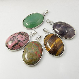 Gemstone Pendants, with Brass Findings, Oval, Platinum, 41x27.5x7.5mm, Hole: 3x6mm