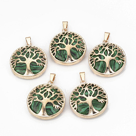 Gemstone Pendants, with Brass Findings, Flat Round with Tree of Life