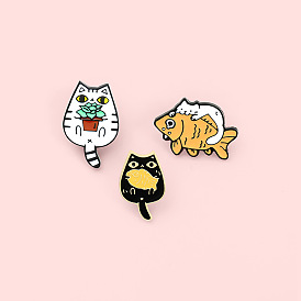 Jolie broche en forme de chat avec motif de plantes et de poissons - badge de chat noir et blanc