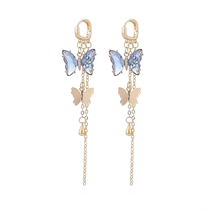 Créoles pendantes papillon en verre avec zircone cubique transparente, Boucles d'oreilles long pompon laiton doré pour femme