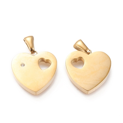 Placage ionique de la Saint-Valentin (ip) 304 pendentifs en acier inoxydable, découper, avec strass, polissage manuel, coeur avec coeur creux