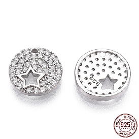 925 Sterling Silver Micro Pave Cubic Zirconia Charms, with S925 Stamp, Flat Round with Star Charms, Nickel Free