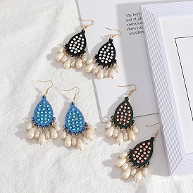Sparkling Waterdrop Earrings with Pearl Texture and Wood Finish - Chic European Style Jewelry
