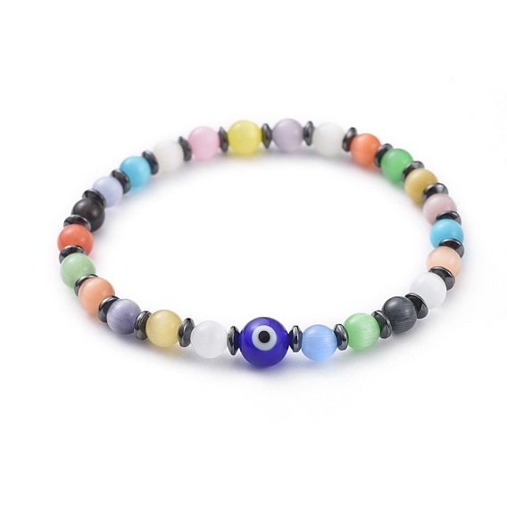 Cat Eye Beads Stretch Bracelets, with Non-Magnetic Synthetic Hematite Beads and Round Handmade Evil Eye Lampwork Beads
