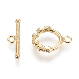 Brass Toggle Clasps, with Jump Rings, Long-Lasting Plated, Ring with Flower
