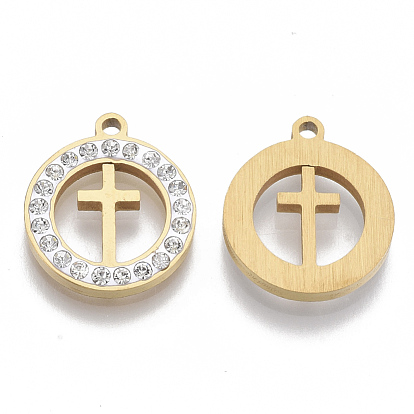 201 Stainless Steel Pendants, with Polymer Clay Crystal Rhinestone, for Religion, Flat Round with Cross