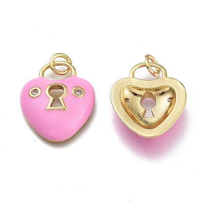 Brass Micro Pave Clear Cubic Zirconia Pendants, with Enamel and Jump Rings, Heart Lock, Real 18K Gold Plated