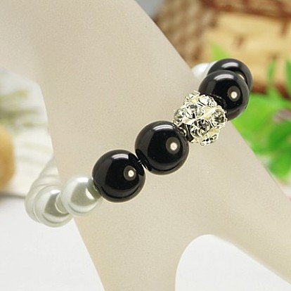 Моды стеклянные браслеты из жемчуга, эластичные браслеты, с латунными бусины со стразами , 55 мм