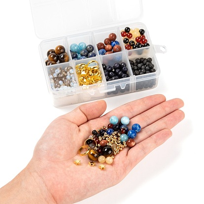 Kits de bijoux de planète de thème de système solaire de bricolage, 360pcs perles rondes en pierres précieuses naturelles et synthétiques, 94 pcs géométrie et étoiles en laiton perles