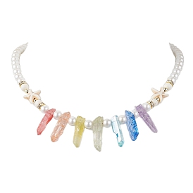 Dyed Natural Crackle Quartz Crystal Bid Necklaces for Women, Shell Pearl Beads Necklaces