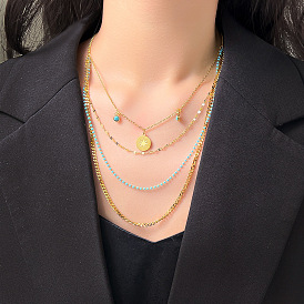 Colliers à breloques étoiles multicouches, colliers de style bohème en acier titane et verre strass et turquoise synthétique pour femmes