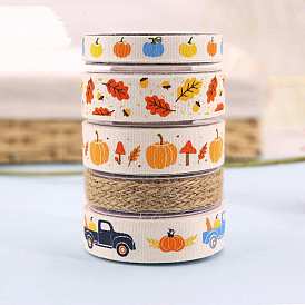 5 Rolls 5 Styles Thanksgiving Day Polyester Printed Ribbons and Burlap Ribbon, Flat