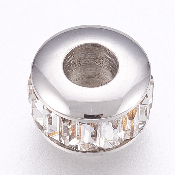 304 acier inoxydable perles européennes, Perles avec un grand trou   , avec strass, plat rond