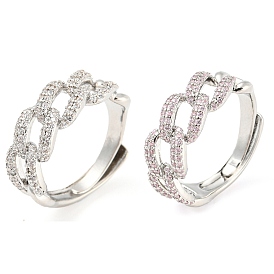 Curb Chains Shape Cubic Zirconia Adjustable Rings, Platinum Brass Ring, Lead Free & Cadmium Free