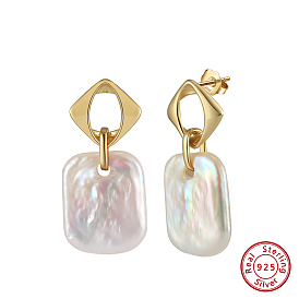 925 Sterling Silver Rhombus Stud Earrings, with Rectangle Natural Baroque Pearl, with S925 Stamp