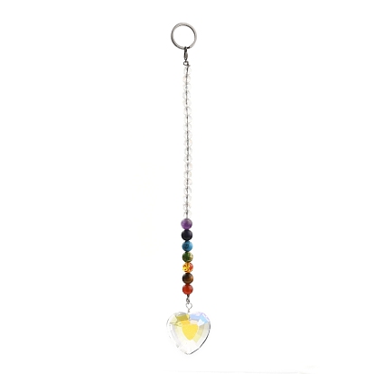 Chakra Crystal Suncatcher Dowsing Pendulum Pendants, with 304 Stainless Steel Split Key Rings, Glass and Gemstone Beads, Velvet Bag, Leaf & Heart & Ball Shape, Stainless Steel Color