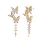 Brass Micro Pave Clear Cubic Zirconia Stud Earring Findings, for Half Drilled Beads, Nickel Free, Butterfly