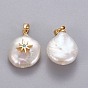 Natural Cultured Freshwater Pearl Pendants, with Brass Micro Pave Cubic Zirconia Findings, Nuggets with Star, Long-Lasting Plated, Golden