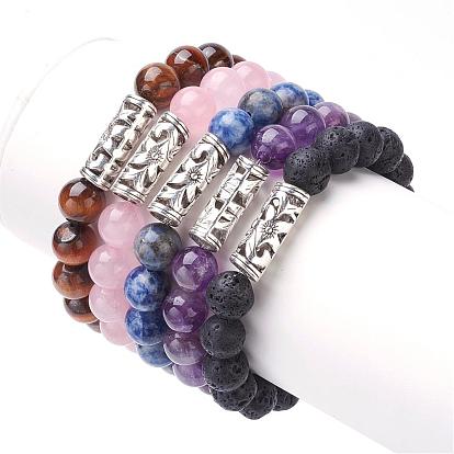 Gemstone Stretch Bracelets, with Brass Rhinestone Spacer Beads and Alloy Hollow Tube Beads, Round