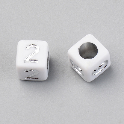 Placage sous vide perles acryliques, opaque, cube avec nombre, blanc