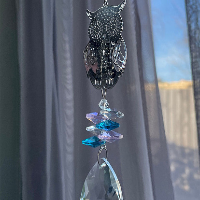 Glass Teardrop Hanging Suncatchers, Rainbow Maker, with Metal Owl Link, for Home Window Decoration
