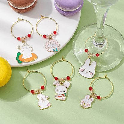 Пасхальный кролик сплав эмали бокал для вина подвески, со стеклянными бусинами и латунными кольцами-подвесками для бокалов для вина