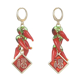 Hot Pepper Lampwork Dangle Leverback Earrings, Spring Festival Theme FU Character Alloy Enamel Cluster Earrings
