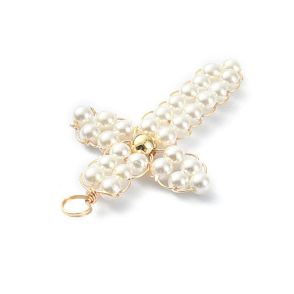 Pendentifs enveloppés de fil de cuivre de perle de coquillage rond, charmes croisées, avec des perles rondes en laiton, sans nickel, plaqué longue durée