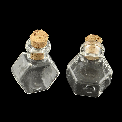 Hexagone bouteille en verre pour les contenants de perles, avec bouchon en liège, souhaitant bouteille, 25x20x11mm, Trou: 6mm