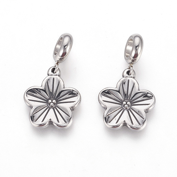 304 Stainless Steel European Dangle Charms, Large Hole Pendants, Flower