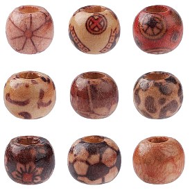 Printed Wood European Beads, Large Hole Beads, Dyed, Round