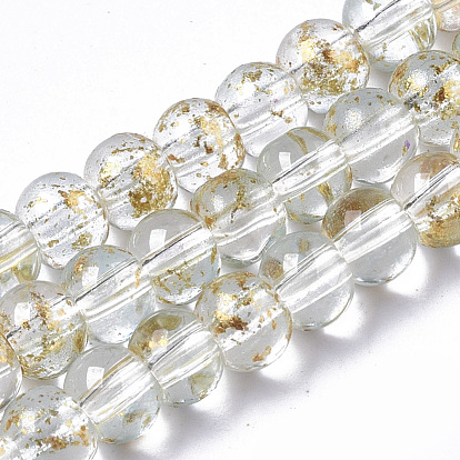 Transparent Spray Painted Glass Beads Strands, with Golden Foil, Round