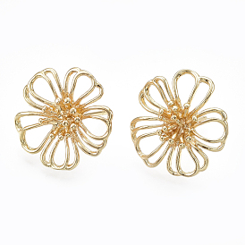 Brass Stud Earrings, Real 18K Gold Plated, Flower