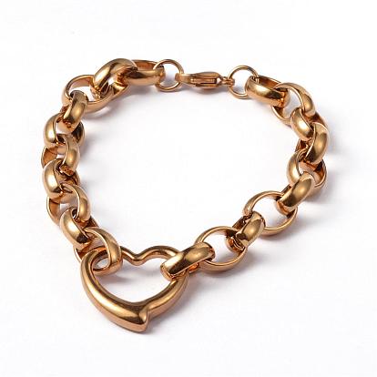 Heart 304 inoxydable colliers à maillons en acier et bracelets ensembles de bijoux, avec fermoir pince de homard, 18.5 pouces (470 mm), 215 mm (8-1/2 pouces)