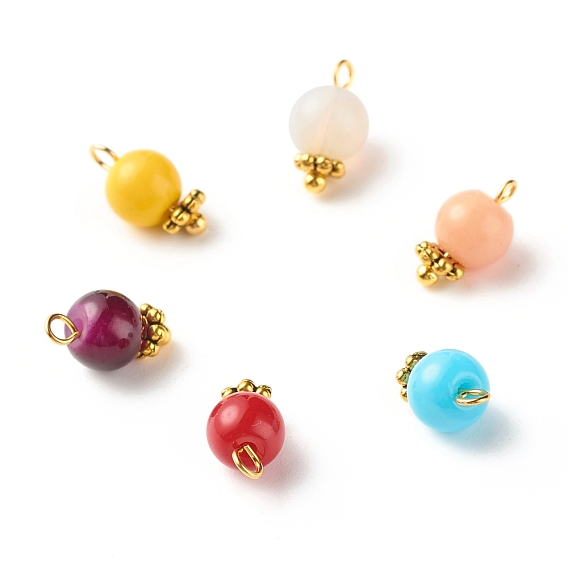 Dijes de perlas de vidrio redondas de imitación de jade, con cuentas espaciadoras de margaritas de aleación de estilo tibetano y pasadores de rótula de latón, dorado