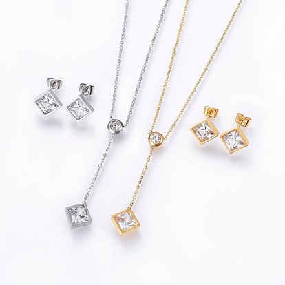 304 Stainless Steel Jewelry Sets, Stud Earrings and Pendant Necklaces, with Rhinestone and Cubic Zirconia, Rhombus