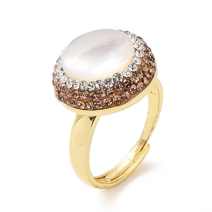 Adjustable Shell Pearl Ring with Rhinestone, Golden Brass Wide Ring for Women