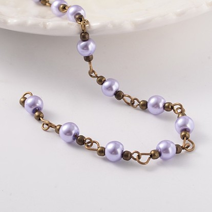 Round Handmade Glass Pearl Beaded Chains, Unwelded, with Brass Findings, Antique Bronze, 6mm, about 60pcs/strand, 39.3 inch