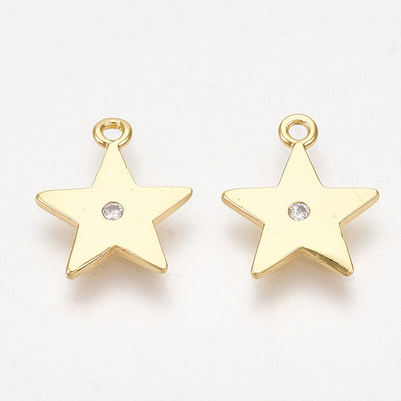 Brass Charms, Nickel Free, Real 18K Gold Plated, with Cubic Zirconia, Star, Clear
