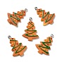 Opaque Resin Pendants, with Platinum Tone Iron Loops, Imitation Gingerbread, Christmas Tree