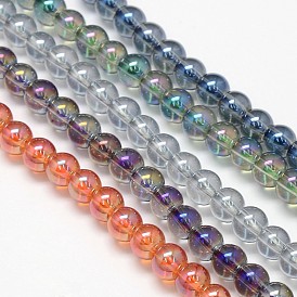 Cristal plaquent perles rondes de fils de verre, couleur arc-en-plaqué, 6mm, Trou: 1mm, Environ 69 pcs/chapelet, 16.1 pouce