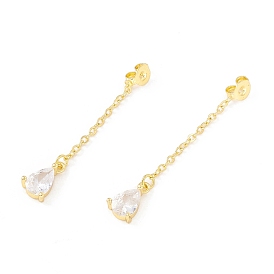 Rack Plating Brass Micro Pave Clear Cubic Zirconia Friction Ear Nut, Teardrop with Long Chains Tassel, Cadmium Free & Lead Free