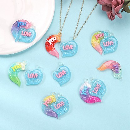 21 Sets 7 Colors Gradient Color Opaque Resin Pendants, with Glitter Powder, Couple Heart Charm with Word LOVE YOU